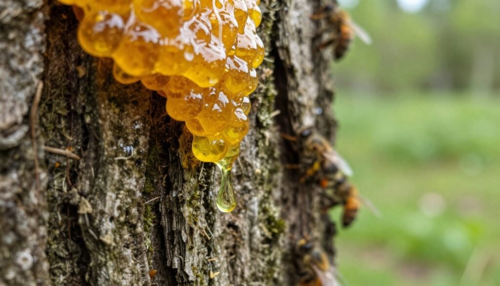 A close-up composition of resin collection in nature, showcasing vibrant, golden propolis resin dripping from the bark of a tree. In the foreground, glistening drops of resin hang precariously, capturing soft sunlight that creates a warm glow. The middle ground features a variety of textured tree bark, slightly moss-covered, accentuating the natural environment. In the background, blurred, lush greenery and hints of bee activity suggest a bustling ecosystem, where bees gather resin. The atmosphere is tranquil and organic, with a gentle focus on the biological mechanics involved in resin collection. Use soft, diffused lighting to enhance the natural colors and bring out the reflective qualities of the resin, captured with a macro lens at an eye-level angle for intimacy and detail.