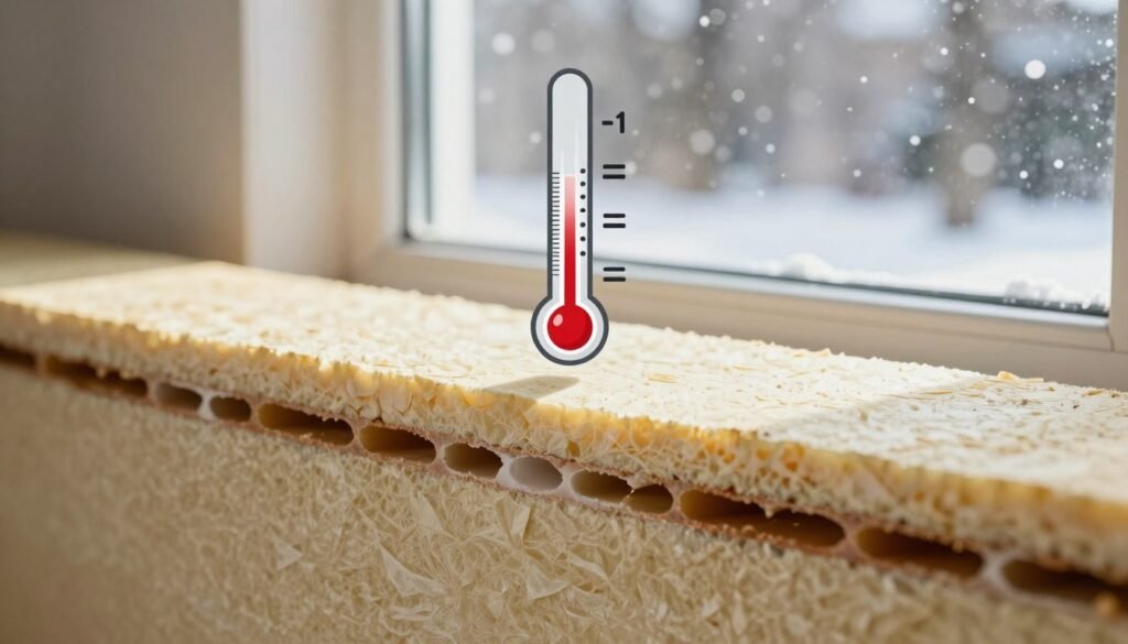 A close-up, cross-sectional view of an insulated wall depicting the concept of air gap thermal resistance. In the foreground, showcase a detailed layer of insulation material with clearly defined air gaps. The middle ground features a thermometer illustration indicating temperature differences across the insulation, symbolizing thermal resistance. In the background, a softly lit, cozy winter scene with snowflakes gently falling outside a window adds contrast. Use natural sunlight filtering through the window to create warm and cool areas, highlighting the impact of air gaps on thermal management. The mood is informative and professional, designed to convey clarity and understanding of thermal resistance concepts without any text or distractions.