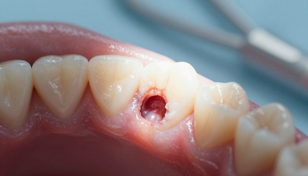 A close-up dental view showcasing the inside of a mouth with a prominently featured dry socket in the lower jaw. The foreground focuses on the tooth extraction site, where a missing tooth creates an empty socket with raw, irritated tissue. Surround the area with subtle signs of inflammation and debris to emphasize the condition. In the middle ground, depict a soft, diffused light illuminating the socket, creating a clinical atmosphere. Use a shallow depth of field to keep the focus on the dry socket while blurring the surrounding teeth and gums slightly. The background should hint at a dental office setting, with tools and sterile surfaces, contributing to the professional and medical tone of the image. A close-up dental view showcasing the inside of a mouth with a prominently featured dry socket in the lower jaw. The foreground focuses on the tooth extraction site, where a missing tooth creates an empty socket with raw, irritated tissue. Surround the area with subtle signs of inflammation and debris to emphasize the condition. In the middle ground, depict a soft, diffused light illuminating the socket, creating a clinical atmosphere. Use a shallow depth of field to keep the focus on the dry socket while blurring the surrounding teeth and gums slightly. The background should hint at a dental office setting, with tools and sterile surfaces, contributing to the professional and medical tone of the image.