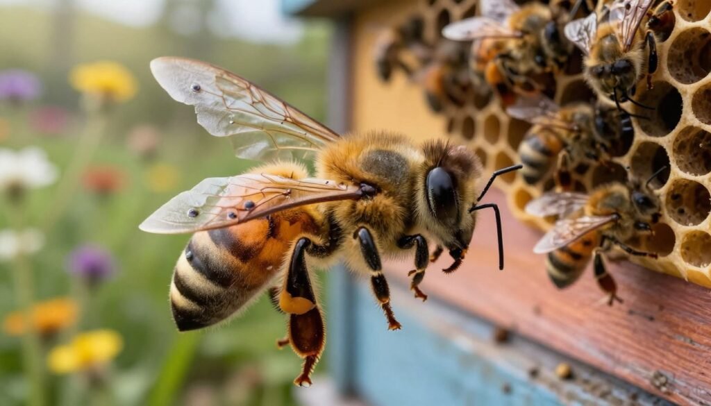 A close-up depiction of a deformed wing virus infecting an adult honeybee, emphasizing the bee's distorted wings and body. In the foreground, showcase a bee with uneven, crumpled wings, exhibiting clear signs of viral infection, such as discolored antennae and a frail appearance. The middle ground features a vibrant hive buzzing with activity, where other bees display varying signs of stress and abnormal behavior. In the background, a blurred garden filled with wildflowers provides a bright, natural habitat. The lighting is soft and diffused, resembling a late afternoon glow, to highlight the detailed textures of the bee's body. The overall mood is somber, invoking a sense of urgency and concern about the impact of the virus on bee colonies.