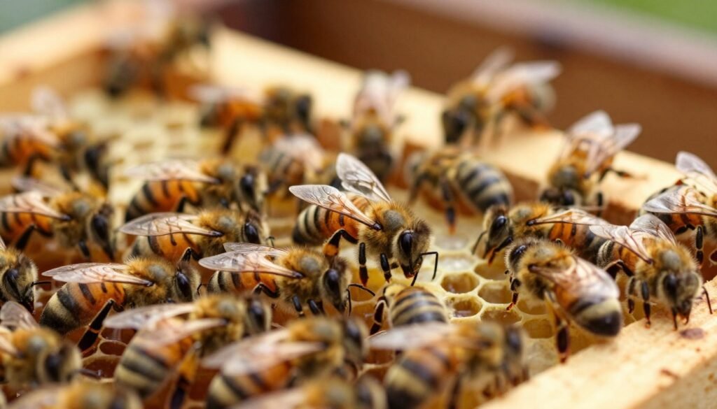 A close-up depiction of a honeybee hive with an emphasis on its crowded interior, showing bees clustering tightly together. In the foreground, focus on a stressed queen bee surrounded by worker bees, illustrating the risks associated with extended hive confinement. In the middle ground, illustrate honeycomb frames filled with eggs at various stages, highlighting the urgency of the situation. The background should feature blurred hive walls, emphasizing confinement, with a warm, natural light filtering through to create a slight glow. Use a macro lens perspective to capture intricate details of bees and hive structure, conveying a tense and precarious atmosphere, underscoring the potential dangers of limited space within the hive.