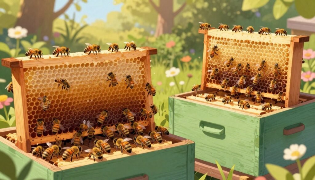 A close-up, detailed illustration of two bee colonies: one representing nadiring, the other supering, depicted in a split-view format. In the foreground, the nadiring colony should have bees clustering at the bottom of the nuc box, with honeycomb frames visible, showing a healthy brood and vibrant activity. The supering colony, on the right, should have bees working at the top of a second box, with capped honey cells and a raised structure to emphasize the height. The background features a sunlit garden scene, filled with flowers, with soft sunlight filtering through trees, creating a warm and inviting atmosphere. Capture the scene with shallow depth of field to focus on the bees, using a soft focus lens effect to enhance detail and vibrancy.
