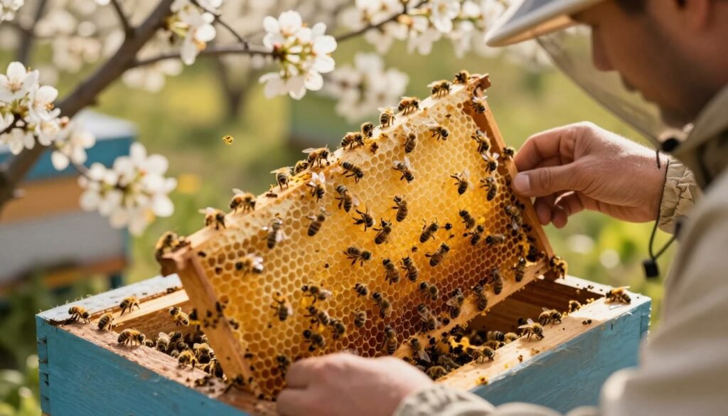 A close-up, detailed scene of a beehive during a vibrant nectar flow, showcasing busy bees collecting pollen and nectar. In the foreground, a beekeeper dressed in modest casual clothing inspects the hive, carefully examining bees for signs of varroa mites. The middle ground features the hive filled with golden honeycombs, glistening in the sunlight, while bees bustle around. The background shows blooming flowers in soft focus, emphasizing the abundance of nectar available. Warm, golden sunlight filters through the scene, creating a serene and productive atmosphere. The angle is slightly elevated, capturing both the beekeeper's focused expression and the lively activity of the bees, highlighting the theme of effective mite treatment during this critical period. A close-up, detailed scene of a beehive during a vibrant nectar flow, showcasing busy bees collecting pollen and nectar. In the foreground, a beekeeper dressed in modest casual clothing inspects the hive, carefully examining bees for signs of varroa mites. The middle ground features the hive filled with golden honeycombs, glistening in the sunlight, while bees bustle around. The background shows blooming flowers in soft focus, emphasizing the abundance of nectar available. Warm, golden sunlight filters through the scene, creating a serene and productive atmosphere. The angle is slightly elevated, capturing both the beekeeper's focused expression and the lively activity of the bees, highlighting the theme of effective mite treatment during this critical period.