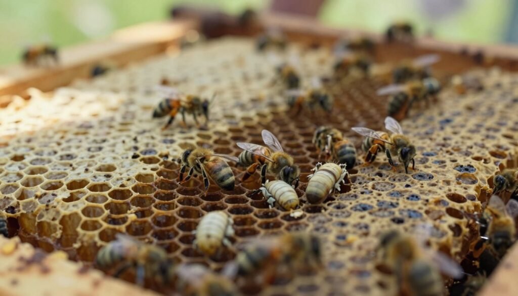 A close-up, detailed view of uncapped beehive cells filled with dead larvae, showcasing various stages of decay. In the foreground, focus on several uncapped cells with larvae, some intact and others partially decomposed, illustrating the different causes of mortality. The middle ground features honeycomb structures, with bees buzzing around, highlighting their concern. The background depicts a blurred hive environment, giving depth to the scene. Soft, natural daylight filters through the hive openings, casting gentle shadows and illuminating the waxy texture of the honeycomb. The atmosphere is one of somber investigation, emphasizing the urgency of understanding and addressing the issue of dead larvae.