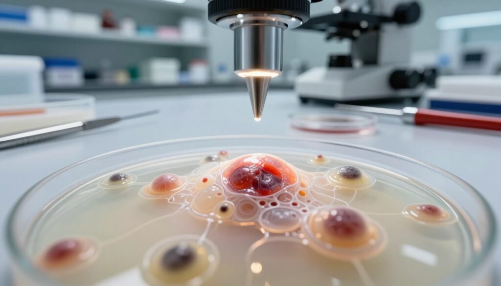 A close-up, highly detailed view of grafting larvae cells under a microscope, showcasing the intricate structures and textures of the cells. In the foreground, focus on the vibrant, translucent larvae cells, highlighting their cellular architecture with fine details like membranes and nuclei. In the middle ground, include a laboratory setting with tools such as grafting needles, petri dishes, and scientific instruments arranged neatly, illuminated by soft, diffused lighting. The background features blurred shelves filled with research materials and reference books to create an academic atmosphere. The overall mood is one of precision and professionalism, with a clean, sterile aesthetic that emphasizes the importance of the grafting process. Single-point perspective, shot from an above angle for depth and clarity.