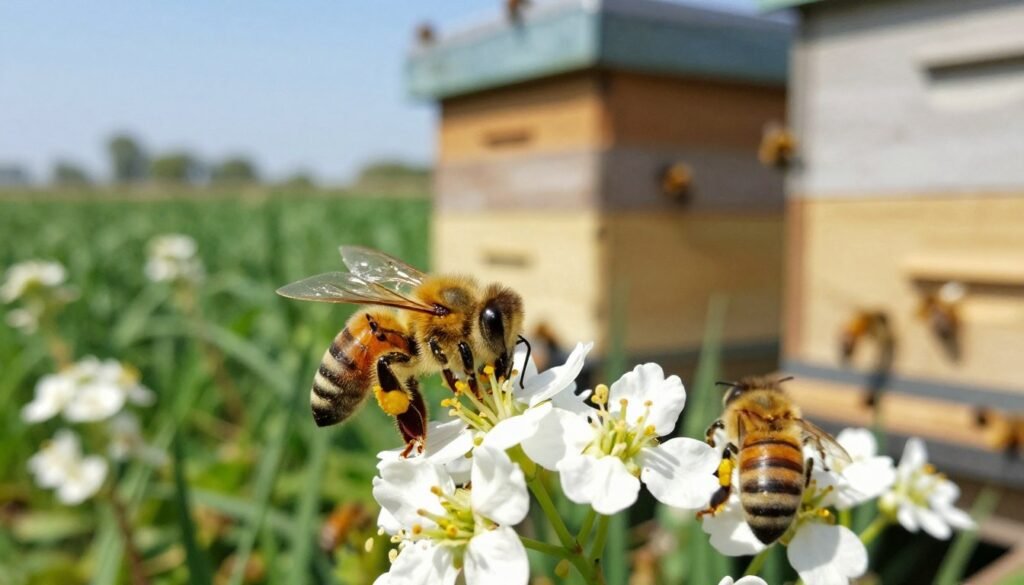 A close-up image depicting a vibrant and healthy bee hive surrounded by blooming flowers, emphasizing the delicate balance of nature in agricultural settings. In the foreground, a few bees are seen diligently working and gathering nectar from the flowers, with pollen grains visibly clinging to their legs. The middle layer showcases the hive, well-structured and active, with bees entering and exiting, reflecting hive strength. The background features a lush green farming landscape under a clear blue sky, indicating healthy agricultural practices. Soft, natural lighting casts gentle shadows, creating a serene yet industrious atmosphere. The scene should convey harmony between bees and agriculture, reinforcing the importance of responsible pesticide use. A close-up image depicting a vibrant and healthy bee hive surrounded by blooming flowers, emphasizing the delicate balance of nature in agricultural settings. In the foreground, a few bees are seen diligently working and gathering nectar from the flowers, with pollen grains visibly clinging to their legs. The middle layer showcases the hive, well-structured and active, with bees entering and exiting, reflecting hive strength. The background features a lush green farming landscape under a clear blue sky, indicating healthy agricultural practices. Soft, natural lighting casts gentle shadows, creating a serene yet industrious atmosphere. The scene should convey harmony between bees and agriculture, reinforcing the importance of responsible pesticide use.