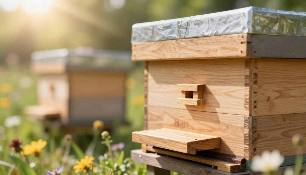 A close-up image focusing on a beehive entrance reducer, showcasing its detailed design and structure. The entrance reducer, made of natural wood, should be prominently positioned in the foreground, displaying its various sizes and shape variations. In the middle ground, a well-maintained beehive sits, surrounded by flowers and greenery, symbolizing a healthy bee environment. The background features a soft-focus of a sunny day with gentle rays of sunlight filtering through the leaves, creating a warm and inviting atmosphere. Use a shallow depth of field to emphasize the reducer while maintaining a blurred, harmonious backdrop. The overall mood should be serene and educational, illustrating the importance of selecting the right entrance reducer size for beehives.