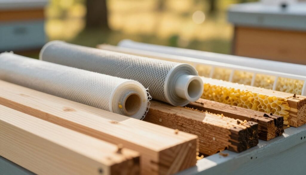 A close-up image focusing on various durable hive materials used for beekeeping. In the foreground, display a selection of high-quality, robust wood, such as cedar and pine, with textured surfaces showcasing their natural grain and waterproof finishes. In the middle ground, include rolls of weather-resistant mesh and sturdy plastic components designed for propolis traps, carefully arranged to highlight their durability and functionality. The background features a blurred outdoor setting, suggestive of a sunny apiary with soft, golden light filtering through trees, creating a warm and inviting atmosphere. Use a shallow depth of field to emphasize the materials, capturing the intricate details and textures. The overall mood should feel professional and informative, reinforcing the importance of selecting the right materials for long-term use in beekeeping.