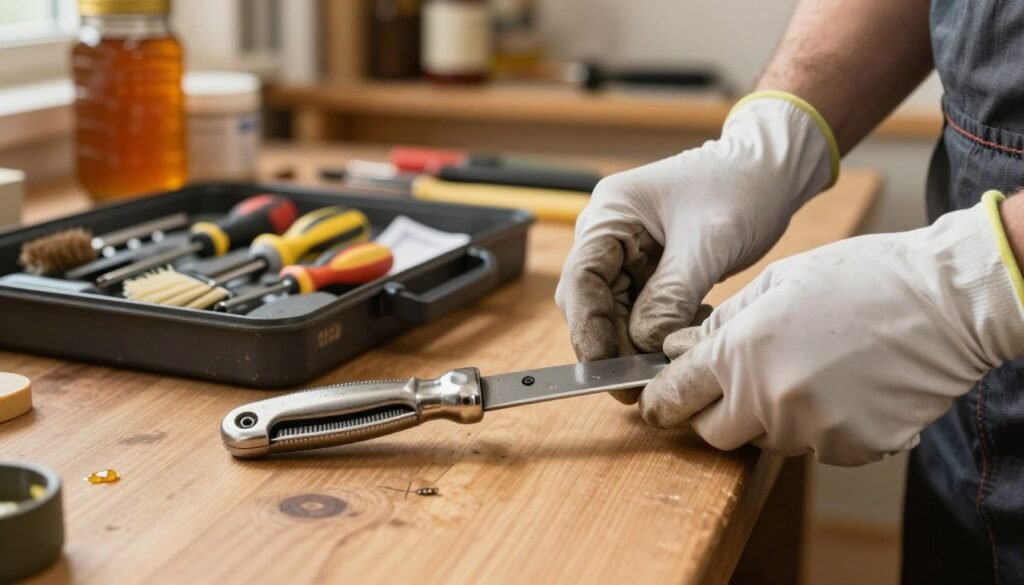 A close-up image illustrating a hands-on troubleshooting process for an uncapping knife. In the foreground, a well-worn, stainless steel uncapping knife rests on a wooden workbench, showing signs of use, such as a few minor scratches and dried beeswax. A pair of gloved hands in a modest, light-colored shirt and dark work pants are gently inspecting the blade for any issues. In the middle, an open toolbox filled with professional maintenance tools like screwdrivers, a brush, and cleaning cloths are visible. The background features a slightly blurred view of a warm-toned workshop, with wooden shelves holding jars of honey and supplies. Soft, natural lighting illuminates the scene, creating an inviting and focused atmosphere, while the angle captures the intricate details of the knife and tools. A close-up image illustrating a hands-on troubleshooting process for an uncapping knife. In the foreground, a well-worn, stainless steel uncapping knife rests on a wooden workbench, showing signs of use, such as a few minor scratches and dried beeswax. A pair of gloved hands in a modest, light-colored shirt and dark work pants are gently inspecting the blade for any issues. In the middle, an open toolbox filled with professional maintenance tools like screwdrivers, a brush, and cleaning cloths are visible. The background features a slightly blurred view of a warm-toned workshop, with wooden shelves holding jars of honey and supplies. Soft, natural lighting illuminates the scene, creating an inviting and focused atmosphere, while the angle captures the intricate details of the knife and tools.