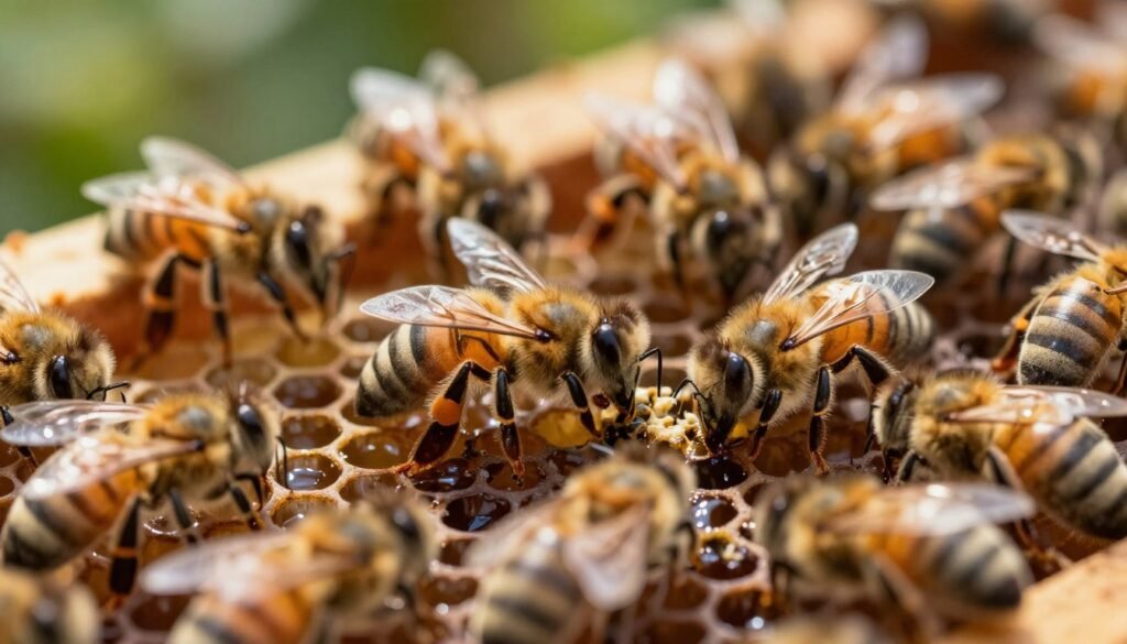 A close-up image of a beehive with bees engaging in hygienic behavior, including worker bees actively removing debris and dead larvae from the uncapped cells. In the foreground, focus on bees in the act of cleaning, showcasing their delicate movements and teamwork. In the middle ground, show uncapped honey cells filled with moisture, highlighting the importance of hygiene for colony health. The background features a blurred apiary setting with soft green foliage under gentle sunlight, creating a warm, natural atmosphere. The lighting is soft and diffused, emphasizing the bees’ golden bodies and the glistening honey. Use a macro lens perspective to capture intricate details, evoking a sense of diligence and care within the hive. A close-up image of a beehive with bees engaging in hygienic behavior, including worker bees actively removing debris and dead larvae from the uncapped cells. In the foreground, focus on bees in the act of cleaning, showcasing their delicate movements and teamwork. In the middle ground, show uncapped honey cells filled with moisture, highlighting the importance of hygiene for colony health. The background features a blurred apiary setting with soft green foliage under gentle sunlight, creating a warm, natural atmosphere. The lighting is soft and diffused, emphasizing the bees’ golden bodies and the glistening honey. Use a macro lens perspective to capture intricate details, evoking a sense of diligence and care within the hive.