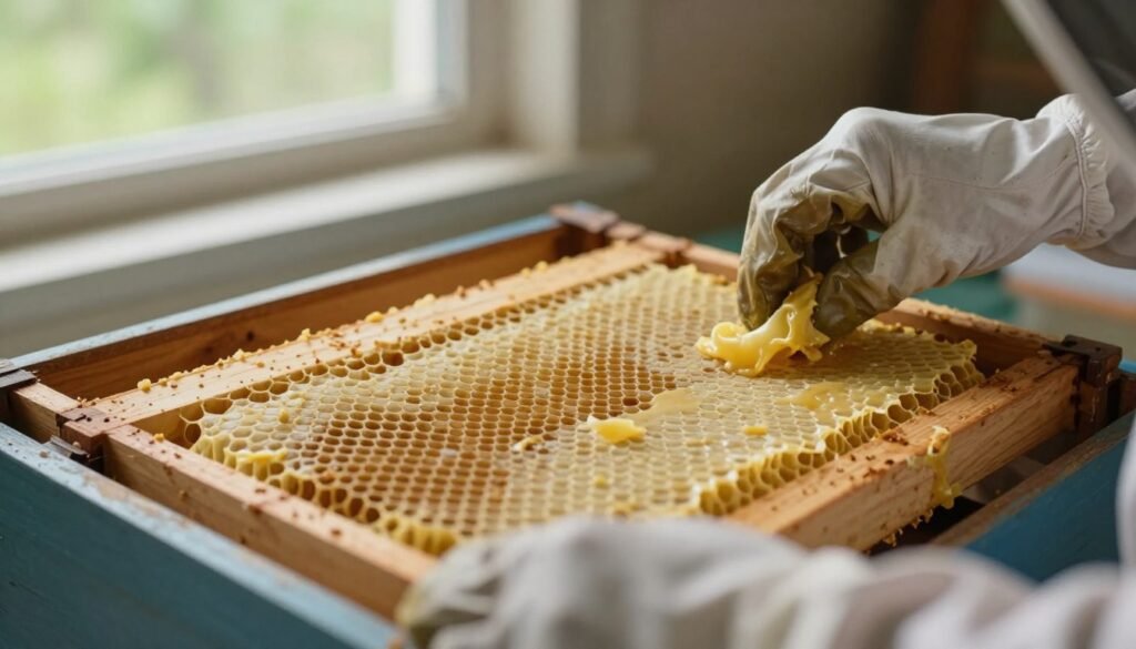 A close-up image of a beekeeper applying fresh wax to a foundation frame. In the foreground, focus on the beekeeper’s gloved hands gently smoothing a warm layer of wax onto the honeycomb foundation, showcasing fine details of the wax texture. The middle layer features a beautifully crafted wooden beehive with frames partially pulled out, revealing the intricate patterns of the honeycomb. In the background, soft natural lighting flows in from a nearby window, creating a warm and inviting atmosphere, with hints of greenery outside to suggest a calm, outdoor environment. Use a shallow depth of field to blur the background slightly, emphasizing the delicate task at hand. The mood should feel focused and industrious, capturing the dedication of beekeeping craftsmanship. A close-up image of a beekeeper applying fresh wax to a foundation frame. In the foreground, focus on the beekeeper’s gloved hands gently smoothing a warm layer of wax onto the honeycomb foundation, showcasing fine details of the wax texture. The middle layer features a beautifully crafted wooden beehive with frames partially pulled out, revealing the intricate patterns of the honeycomb. In the background, soft natural lighting flows in from a nearby window, creating a warm and inviting atmosphere, with hints of greenery outside to suggest a calm, outdoor environment. Use a shallow depth of field to blur the background slightly, emphasizing the delicate task at hand. The mood should feel focused and industrious, capturing the dedication of beekeeping craftsmanship.