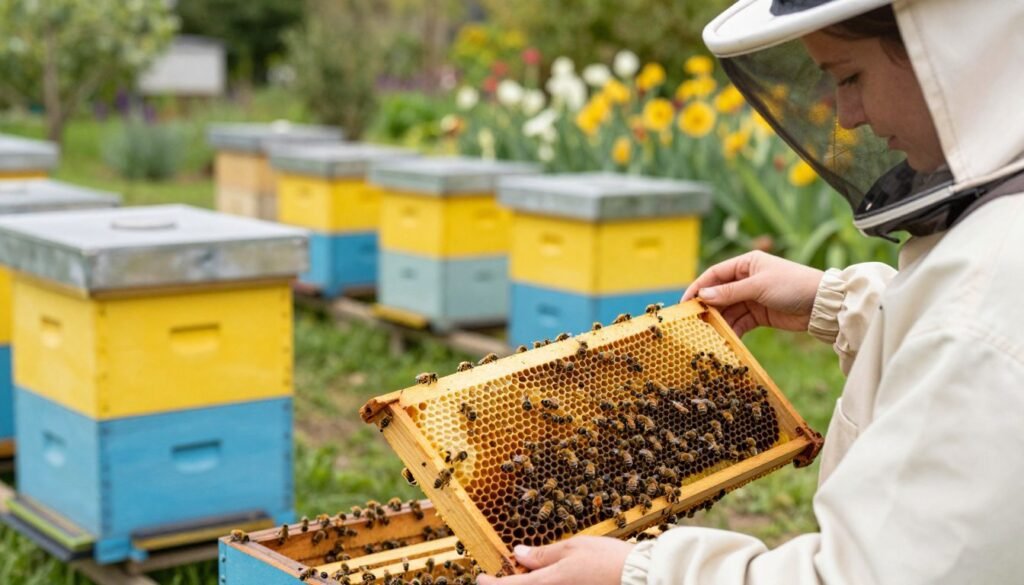 A close-up image of a beekeeper evaluating queen bee health and quality in a well-maintained apiary. In the foreground, a female beekeeper dressed in professional attire examines a frame from a bee hive, focusing on the queen bee surrounded by worker bees. The middle layer reveals several hives organized neatly, showcasing the bright colors of the hive boxes. In the background, a lush garden with blooming flowers provides a natural setting. Soft natural lighting enhances the scene, creating a warm and inviting atmosphere. Capture the intricate details of the bees and the focused expression of the beekeeper, emphasizing the importance of queen health and quality in beekeeping. Use a shallow depth of field to blur the background, drawing attention to the subject at hand.