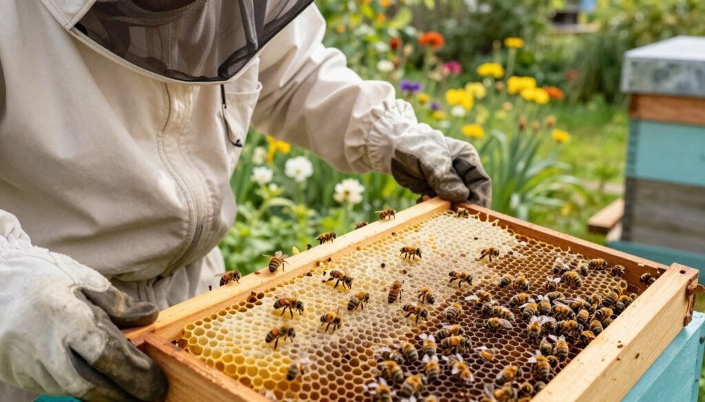 A close-up image of a beekeeper in professional attire, gently inspecting a wooden beehive frame filled with honeycomb. In the foreground, the beekeeper's gloved hand carefully holds the frame, revealing a few bees. The middle ground showcases an attentive queen bee, distinguishable by her larger size and longer abdomen, amidst the worker bees. The background features a lush, sunlit garden with blooming flowers, highlighting a vibrant ecosystem. Soft, natural lighting illuminates the scene, creating a warm atmosphere that emphasizes the importance of careful handling and observation of the queen bee. The angle is slightly above eye level, providing a clear view of the action without any distracting elements.