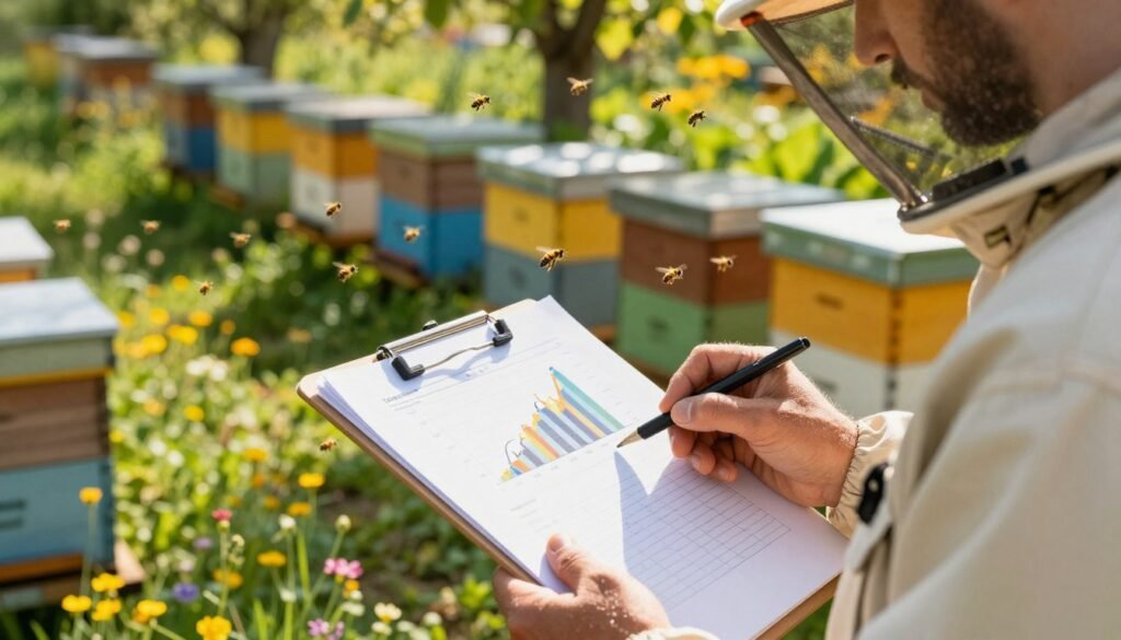 A close-up image of a beekeeper in professional attire, meticulously recording data on hive strength in a picturesque apiary setting. In the foreground, a clipboard filled with graphs and charts detailing hive delivery data reflects the meticulous nature of beekeeping. In the middle ground, several vibrant beehives are arranged orderly, showing bees actively flying around, hinting at their productivity. The background features a lush garden full of wildflowers providing a natural habitat, with warm sunlight filtering through the leaves creating dappled shadows. The atmosphere conveys a sense of diligence and nature's harmony, emphasizing the importance of accurate documentation in pollination services. The shot is taken at eye level with a shallow depth of field to focus on the beekeeper’s actions and the clipboard.