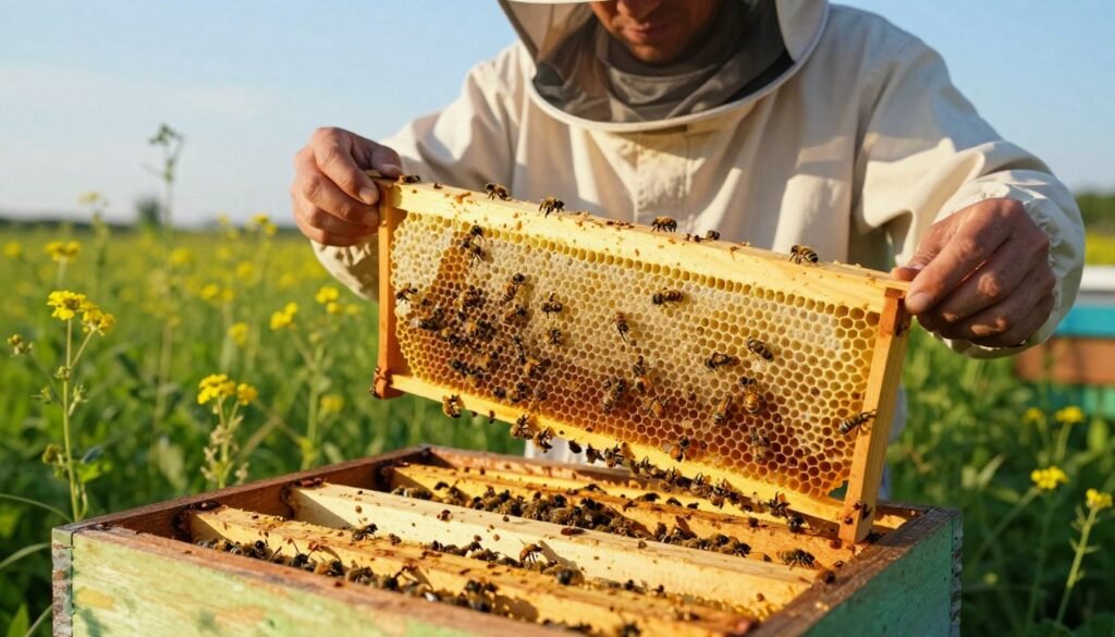 A close-up image of a beekeeper inspecting hive frames in a wooden beehive, set in a sunny, lush green field during late afternoon. The foreground should feature detailed beeswax frames, some partially covered with honey and others showcasing brood patterns, with bees actively working. In the middle, a beekeeper in a light-colored protective suit and a veil carefully examines a frame, holding it up to the sunlight to observe the contents closely. The background should depict vibrant wildflowers and a clear blue sky, creating a serene and focused atmosphere. Include soft, natural lighting to emphasize the textures of the hive frames and the beekeeper's attentive expression. The angle should be slightly from above, providing a dynamic view of the interaction between the beekeeper and the hive. A close-up image of a beekeeper inspecting hive frames in a wooden beehive, set in a sunny, lush green field during late afternoon. The foreground should feature detailed beeswax frames, some partially covered with honey and others showcasing brood patterns, with bees actively working. In the middle, a beekeeper in a light-colored protective suit and a veil carefully examines a frame, holding it up to the sunlight to observe the contents closely. The background should depict vibrant wildflowers and a clear blue sky, creating a serene and focused atmosphere. Include soft, natural lighting to emphasize the textures of the hive frames and the beekeeper's attentive expression. The angle should be slightly from above, providing a dynamic view of the interaction between the beekeeper and the hive.