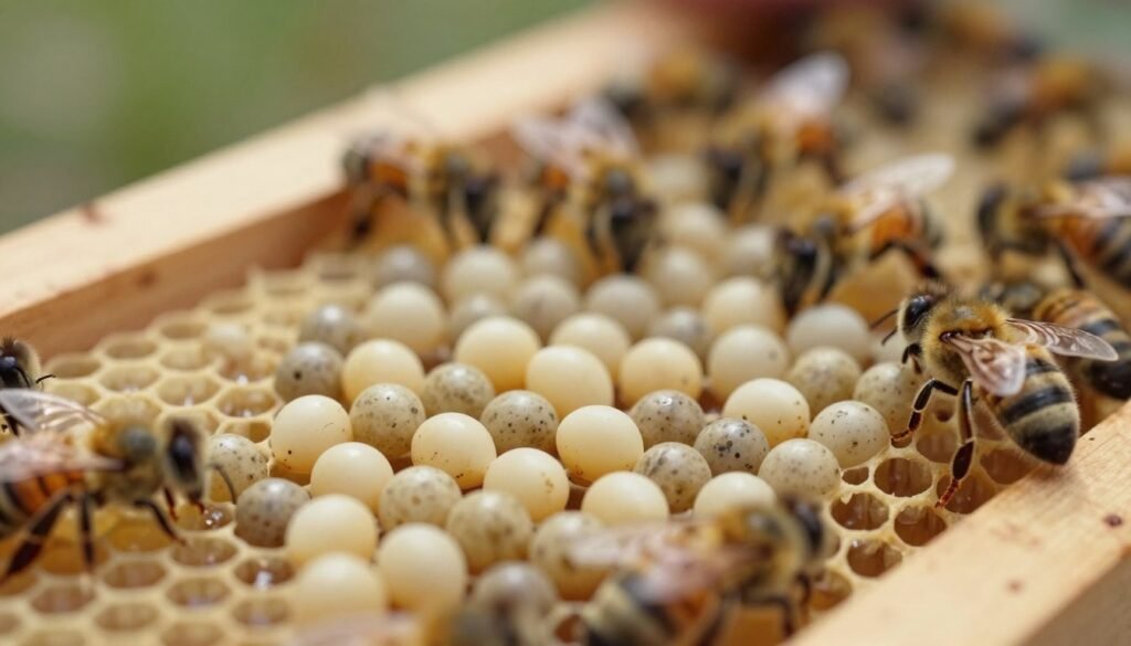 A close-up image of a brood frame with honey bee larvae nestled in wax cells, showcasing various stages of development from eggs to mature larvae. The foreground features detailed, glistening larvae, highlighting their cream-colored bodies and tiny body segments. In the middle, the frame is surrounded by bees gently tending to the brood, with soft, natural colors reflecting a bee-friendly environment. The background includes blurred hive details and warm, natural light filtering in, creating a calm and nurturing atmosphere. Use a macro lens effect to enhance the textures of the wax and larvae, with a gentle focus on the bees to evoke a sense of harmony in the hive.