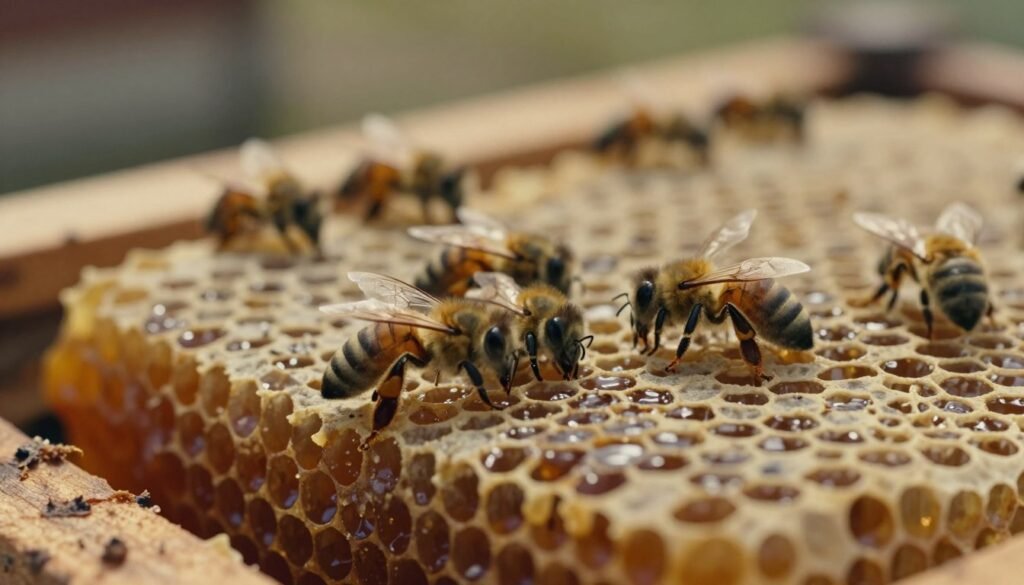 A close-up image of a cluster of honeycomb cells filled with starvation cluster honey, showcasing the rich, amber color of the honey contrasting with the dark, waxy texture of the cells. In the foreground, delicate bees, appearing weak and fragile, rest on the comb, their wings slightly deformed, illustrating the impact of the Deformed Wing Virus. The middle ground features additional honeycomb, subtly blurred to convey depth, while the background is a soft-focus of a muted, rustic hive environment, highlighting the harsh winter conditions. The lighting is warm and soft, creating an intimate atmosphere, with gentle shadows that enhance the textures and details, emphasizing the plight of the bees. A macro lens effect captures the intricacies of the honey and bees’ textures, evoking a sense of urgency and concern for the bees’ survival.