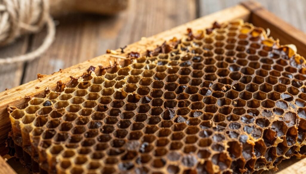 A close-up image of a dark brown beeswax comb, showcasing its rich texture and natural imperfections. In the foreground, focus on the intricate hexagonal cells that show signs of wear, indicating it's time for removal. The lighting is soft and warm, creating a gentle glow that highlights the golden hues of beeswax and the deep brown of the comb. In the middle ground, include a rustic wooden background to evoke a beekeeping environment, with hints of natural materials like straw or twine peeking through. The atmosphere should feel serene and organic, inviting viewers to appreciate the natural beauty of the comb while subtly emphasizing its age and readiness for recycling. The angle should be slightly tilted to add depth, showcasing the comb's dimensionality.