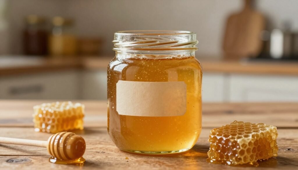 A close-up image of a glass honey jar filled with golden, warm honey that has a slight grainy texture indicating crystallization. The jar is placed on a rustic wooden table, surrounded by a few scattered honeycombs to emphasize its natural origins. Soft, warm lighting illuminates the jar, creating a cozy and inviting atmosphere. In the background, a blurred kitchen setting with shelves stocked with jars and utensils complements the scene without distracting from the focus on the honey jar. The angle is slightly tilted, capturing the honey’s glistening surface and the details of the jar’s label, which remains blank and simple. The overall mood is warm and rustic, evoking a sense of home and the purity of nature's sweetness.