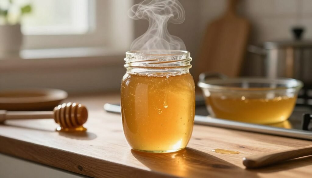 A close-up image of a glass jar of golden, decrystallized honey placed on a wooden kitchen counter, with steam rising gently from a warm water bath nearby, showcasing the delicate process of decrystallizing honey. In the background, there are soft-focus kitchen utensils like a honey dipper and a small pot. The lighting is warm and inviting, reflecting a cozy kitchen atmosphere, with sunlight filtering through a nearby window, creating a soft halo effect around the jar. The honey’s texture should appear smooth and glossy, capturing its natural beauty, while the surrounding elements evoke a sense of calm and homey charm, emphasizing the theme of careful preparation.