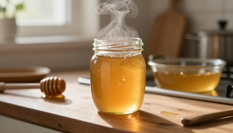 A close-up image of a glass jar of golden, decrystallized honey placed on a wooden kitchen counter, with steam rising gently
