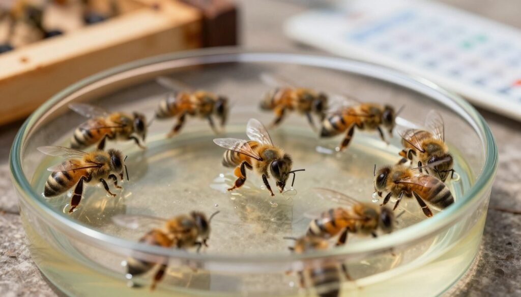 A close-up image of a glass petri dish filled with bees floating lightly on an alcohol wash solution, revealing the contrast between the lively insects and the clear, reflective liquid. In the foreground, focus on a few bees hovering just above the surface, with delicate details capturing their wings and antennae. The middle ground features more bees gently submerged in the solution, with tiny bubbles rising, highlighting the alcohol's effectiveness in mite monitoring. In the background, a blurred beekeeping workspace with tools like hive frames and mite count charts adds context. Warm, natural lighting creates an inviting atmosphere, while a soft focus brings attention to the bees' delicate textures, conveying a sense of careful observation and respect for nature.
