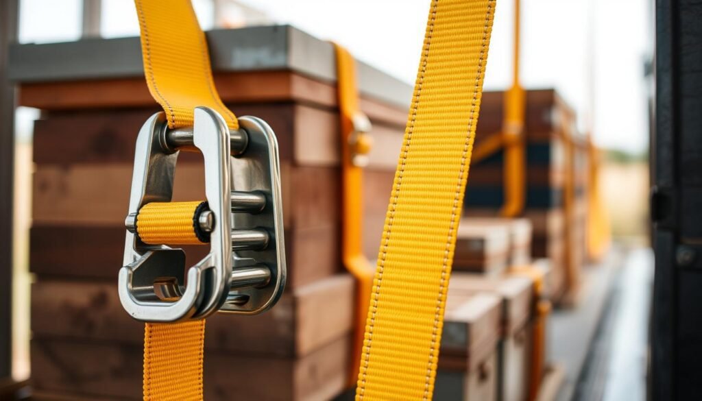 A close-up image of a heavy-duty ratchet strap, prominently displayed in the foreground, showcasing its durable metal ratcheting mechanism and bright, high-visibility strap, demonstrating its strength for securing hive components during transport. In the middle ground, partially blurred, are neatly arranged beehive components, such as frames and boxes, secured with additional ratchet straps, emphasizing organization and safety. The background reveals a light, outdoor transport setting with soft natural lighting, suggesting a calm atmosphere. The focus should be on the details of the ratchet strap and its practical application, with a shallow depth of field to draw attention to both the strap and the securely fastened beehive components. The overall mood conveys reliability and attention to detail in managing hive transportation.