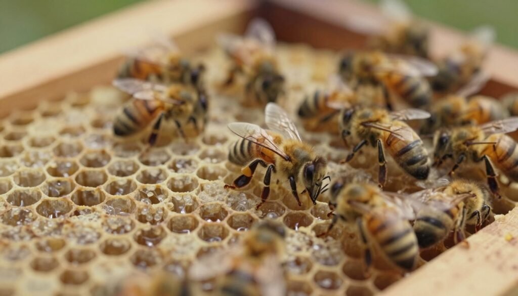 A close-up image of a honey bee colony showcasing multiple queen cells, nestled in the intricate honeycomb. The foreground features several developing queen cells, each encapsulated in a translucent, waxy material, glistening under soft, warm natural light. In the middle ground, worker bees can be seen tending to the queen cells, displaying their delicate wings and busy demeanor. The background features a blurred hive structure, giving context without overwhelming the main subjects. The image is taken from a slightly elevated angle to capture the depth of the hive and emphasize the importance of the queen cells within the colony. A calm, nurturing atmosphere pervades the scene, highlighting the role of these cells in hive dynamics and requeening processes.