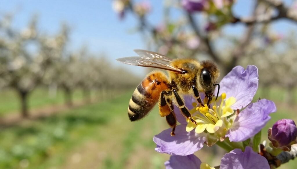 A close-up image of a honey bee delicately pollinating blooming flowers, showcasing the intricate details of its wings and fuzzy body covered in pollen. In the foreground, the bee is in sharp focus, capturing its busy, industrious nature. The flowers are vibrant, with shades of purple and yellow, demonstrating the beauty of nature’s bounty. In the middle ground, a subtle representation of a sunny orchard with rows of flowering trees, creating a warm and inviting atmosphere. The background features a blurred view of a lush green landscape under a bright blue sky, emphasizing a serene, productive environment. Soft, diffused lighting enhances the scene, evoking a sense of tranquility and the vital role of pollination in agriculture. A close-up image of a honey bee delicately pollinating blooming flowers, showcasing the intricate details of its wings and fuzzy body covered in pollen. In the foreground, the bee is in sharp focus, capturing its busy, industrious nature. The flowers are vibrant, with shades of purple and yellow, demonstrating the beauty of nature’s bounty. In the middle ground, a subtle representation of a sunny orchard with rows of flowering trees, creating a warm and inviting atmosphere. The background features a blurred view of a lush green landscape under a bright blue sky, emphasizing a serene, productive environment. Soft, diffused lighting enhances the scene, evoking a sense of tranquility and the vital role of pollination in agriculture.