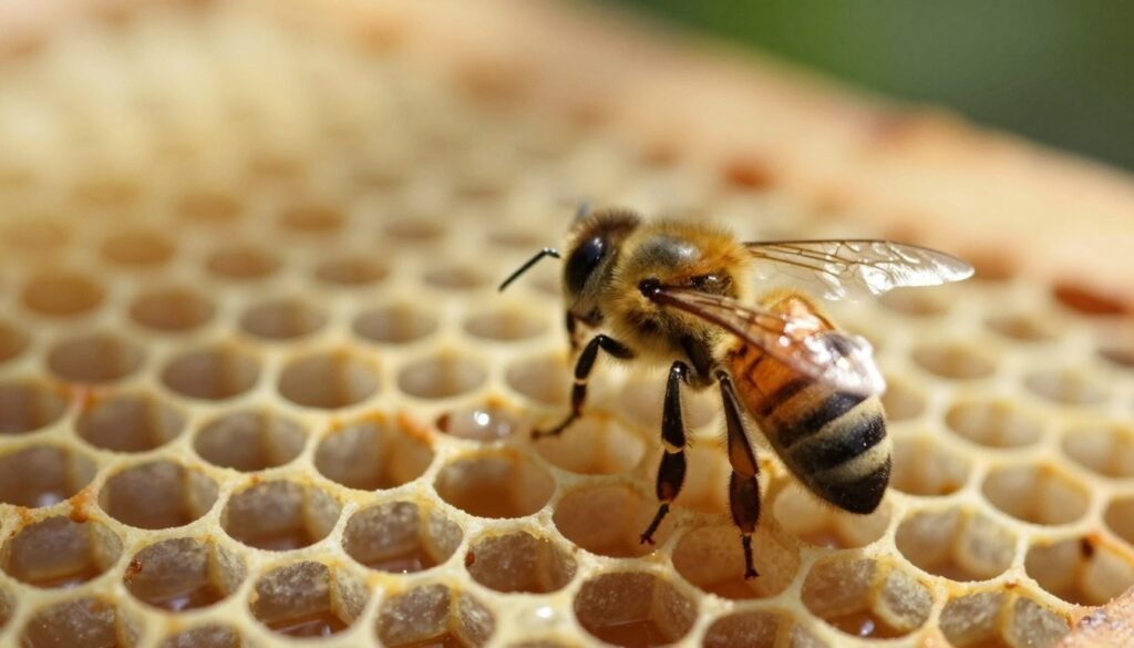 A close-up image of a honey bee exhibiting signs of sacbrood virus infection in a natural hive environment. In the foreground, focus on a single honey bee with a slightly elongated and deformed body, depicting symptoms clearly, while its wings are partially spread. In the middle ground, include a cluster of honeycomb cells, some filled with honey and others empty, showcasing the hive's structure. The background features soft, blurred foliage with gentle sunlight filtering through, creating a warm and inviting atmosphere. Emphasize natural lighting to enhance the bee's colors, and use a shallow depth of field for a soft, focused look on the bee, exuding a mood of quiet observation and concern for hive health.
