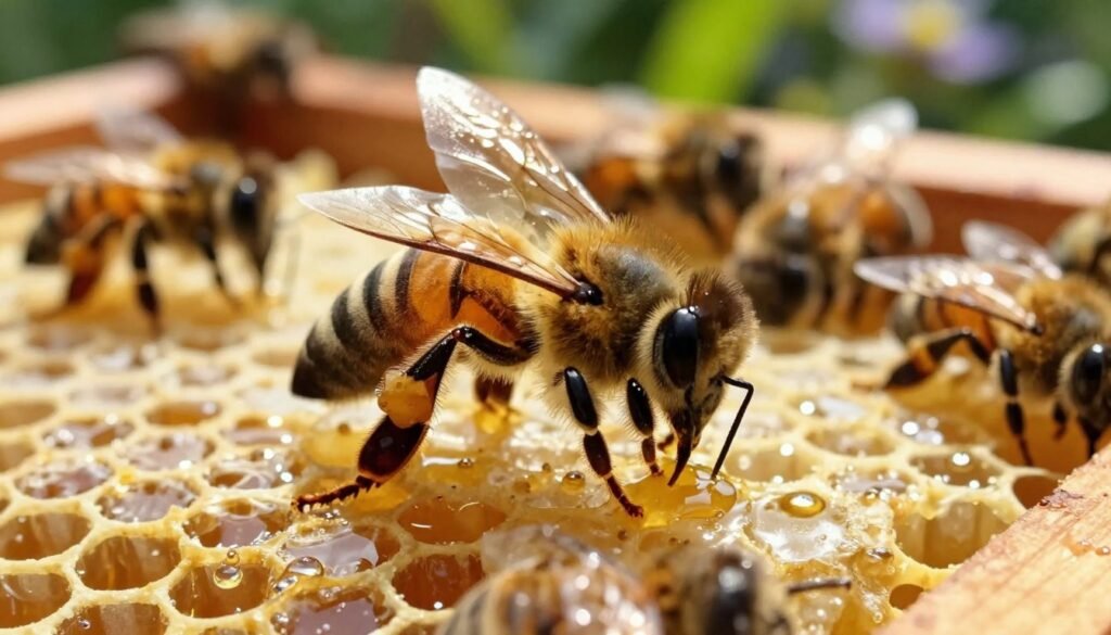 A close-up image of a honey bee stealing honey from an open hive. In the foreground, capture the bee in exquisite detail with its wings shimmering in the sunlight and golden honey glistening on its legs and antennae. In the middle ground, depict the honeycomb structure filled with wax cells, some overflowing with honey, showcasing a few other bees busily working. The background should be blurred slightly to focus on the bee, with hints of green foliage and flowers hinting at a vibrant garden in soft, warm lighting. The atmosphere should feel lively and dynamic, emphasizing the urgency of the bee’s actions while maintaining a serene natural setting, creating a contrasting sense of chaos amidst the calm of the hive environment.