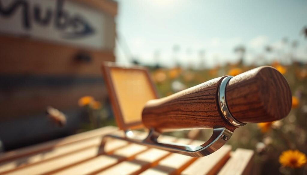 A close-up image of a honey uncapping tool handle, featuring an ergonomic design that showcases wooden and stainless steel materials for durability. The foreground highlights the handle's textured grip, with soft light reflecting off its polished surface. In the middle ground, a honeycomb frame partially appears, emphasizing the tool's purpose. The background consists of natural elements like a blurred beehive and a field of wildflowers under a bright, sunny sky, creating a vibrant atmosphere. The image should capture the essence of beekeeping, with a warm and inviting feel. Use a shallow depth of field to draw attention to the uncapping tool while softly blurring the background for a professional presentation.