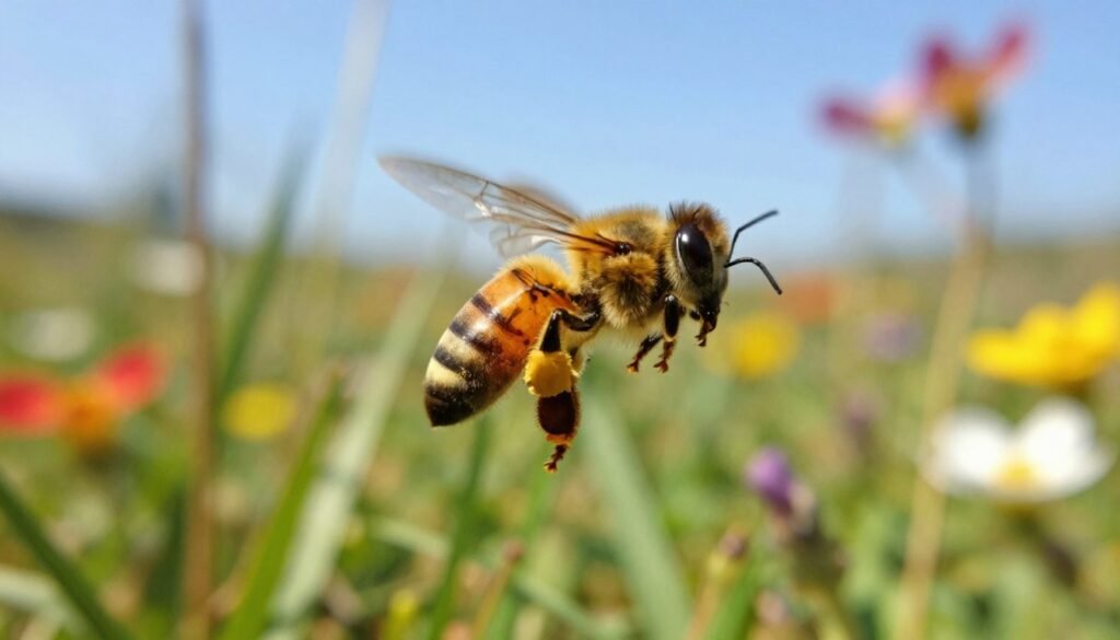 A close-up image of a honeybee in mid-flight, expertly navigating through a vibrant wildflower meadow. The bee is in sharp focus, showcasing its delicate wings and pollen sacs, with intricate details of its body. In the background, a blurred landscape of colorful flowers, green grass, and a bright blue sky creates a sense of abundance and natural beauty. Light filters gently through the scene, casting soft, warm highlights on the bee and flowers. The atmosphere is lively and energetic, capturing the essence of bee navigation and pollination. A shallow depth of field emphasizes the bee’s movement, drawing the viewer's attention to its remarkable journey through nature.