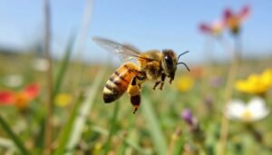 A close-up image of a honeybee in mid-flight, expertly navigating through a vibrant wildflower meadow