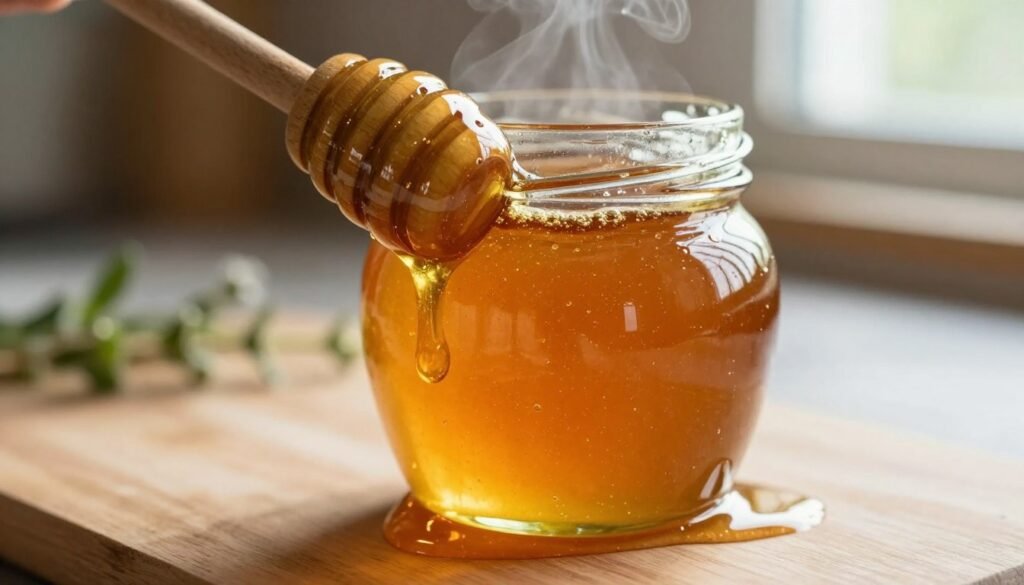 A close-up image of a jar of honey, slightly bubbling at the edges, with a warm golden hue reflecting light. The foreground features a wooden honey dipper dripping thick, viscous honey, emphasizing its rich texture. In the middle, a glass jar sits on a light wooden surface, showing subtle signs of overheating, such as small steam wisps rising. The background is softly blurred with a rustic kitchen atmosphere, including hints of herbs and natural light streaming in through a window, creating a cozy, inviting mood. The overall image conveys the delicate balance of honey's warmth, highlighting the risks of overheating, and inviting the viewer to explore further. Soft shadows enhance the scene for a realistic touch.