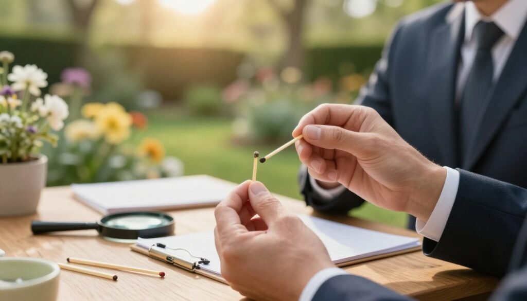 A close-up image of a matchstick test for diagnosing brood disease in bees. In the foreground, a pair of hands in professional business attire gently hold a matchstick with a small sample on its tip, ready to test for disease. The middle ground features a wooden observation table with scattered tools like a magnifying glass and a note pad. A lush garden with blooming flowers is visible in the background, softly blurred to emphasize the foreground action. Natural sunlight filters through trees, casting a warm glow that creates a calm and focused atmosphere. The scene captures the essence of field testing and emphasizes the importance of careful observation in diagnosing brood disease.