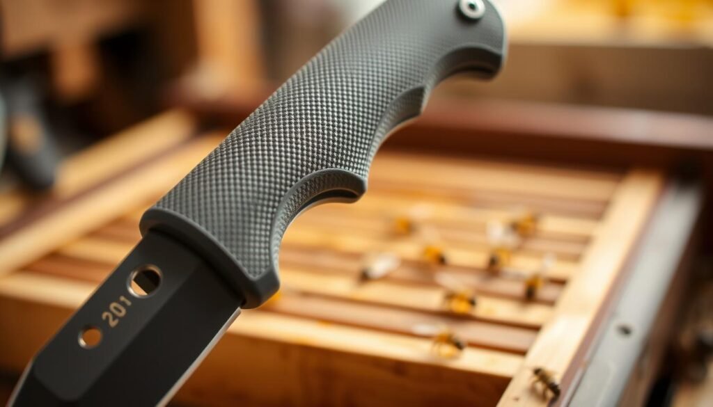 A close-up image of a professional uncapping knife, showcasing its ergonomic handle designed for comfort and ease of use. The handle should be made of a textured rubber material with a non-slip grip, highlighted by soft, diffused lighting that emphasizes its contours and design features. In the foreground, the knife's blade is partially visible, glinting softly to indicate sharpness and precision. The middle ground should feature a wooden honeycomb frame, subtly blurred to maintain focus on the knife while giving context. The background is softly out of focus, with hints of a beekeeping workspace, conveying a calm and organized atmosphere. The overall mood is inviting and professional, suitable for beginner beekeepers looking for the right tools. A close-up image of a professional uncapping knife, showcasing its ergonomic handle designed for comfort and ease of use. The handle should be made of a textured rubber material with a non-slip grip, highlighted by soft, diffused lighting that emphasizes its contours and design features. In the foreground, the knife's blade is partially visible, glinting softly to indicate sharpness and precision. The middle ground should feature a wooden honeycomb frame, subtly blurred to maintain focus on the knife while giving context. The background is softly out of focus, with hints of a beekeeping workspace, conveying a calm and organized atmosphere. The overall mood is inviting and professional, suitable for beginner beekeepers looking for the right tools.