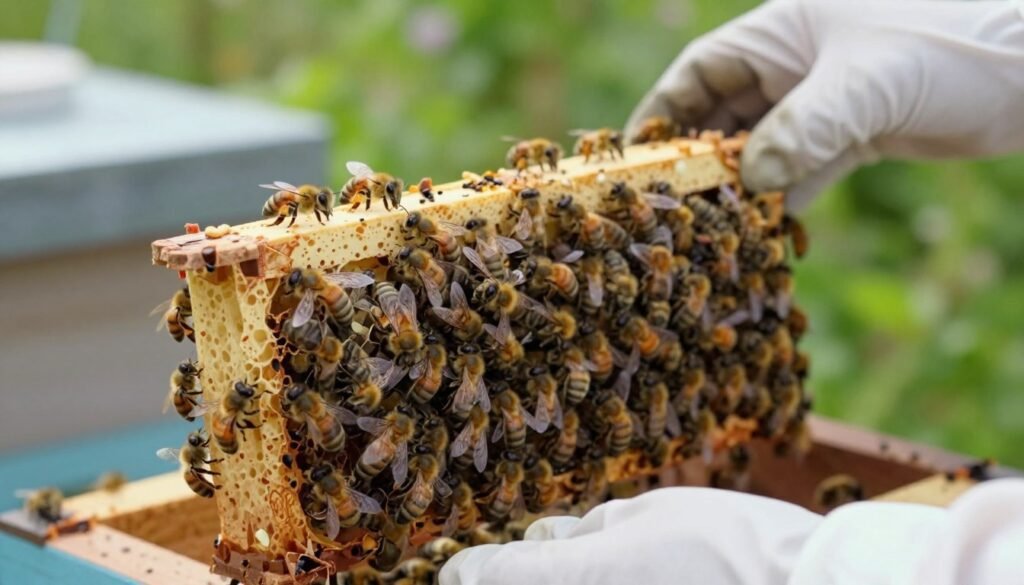 A close-up image of a queen bee cage, intricately designed and showcasing the queen surrounded by worker bees. In the foreground, the cage is prominently displayed, made of transparent material with tiny holes, allowing glimpse of the bees inside. The bees exhibit vibrant black and yellow coloration, with delicate wings highlighted by soft, diffused natural light. In the middle ground, a pair of gloved hands gently holding the cage, showcasing careful handling during transfer. The background features a blurred hive, hinting at an outdoor setting with lush greenery and soft sunlight filtering through. The mood is calm and focused, emphasizing the importance of proper installation while troubleshooting common issues in beekeeping. The image captures a sense of care and attention to detail, ideal for illustrating the section effectively.