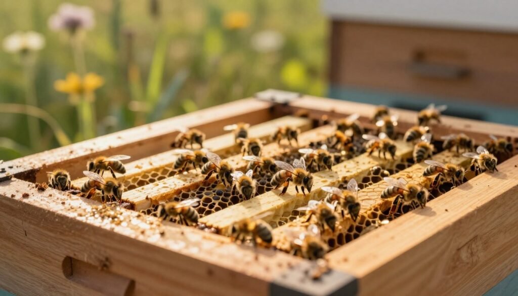 A close-up image of a queen excluder placed inside a beehive, showcasing its intricate design with tightly spaced bars to allow worker bees while blocking the queen. In the foreground, vibrant bees are actively working around the excluder, their wings shimmering in soft sunlight. The middle ground features the wooden hive with natural textures and warm tones, highlighting a gentle, natural environment. The background includes blurred greenery and flowers, creating a tranquil farmland atmosphere. Soft, golden daylight filters through, giving the scene a warm and welcoming mood. The angle is slightly elevated to provide a clear view of the excluder, emphasizing its function in beekeeping. The composition is serene and informative, suitable for educational purposes.