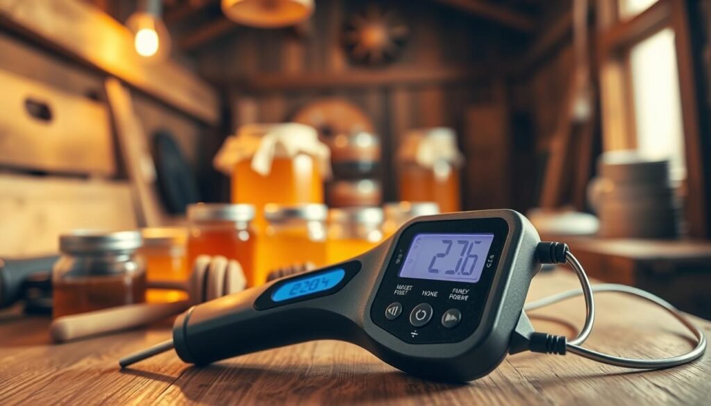 A close-up image of a sleek, high-tech digital thermometer designed for use in honey rooms. The thermometer features a bright digital display showing precise temperature readings and has a long probe for accurate measurements of honey. In the foreground, the device is resting on a wooden workbench, surrounded by jars of honey and beekeeping tools, emphasizing its practical use in the field. The background showcases a softly focused honey room with warm, golden lighting that highlights the rich hues of the honey and the rustic charm of the environment. The overall atmosphere is one of professionalism and care, ideal for a dedicated beekeeper ensuring optimal conditions for honey production.