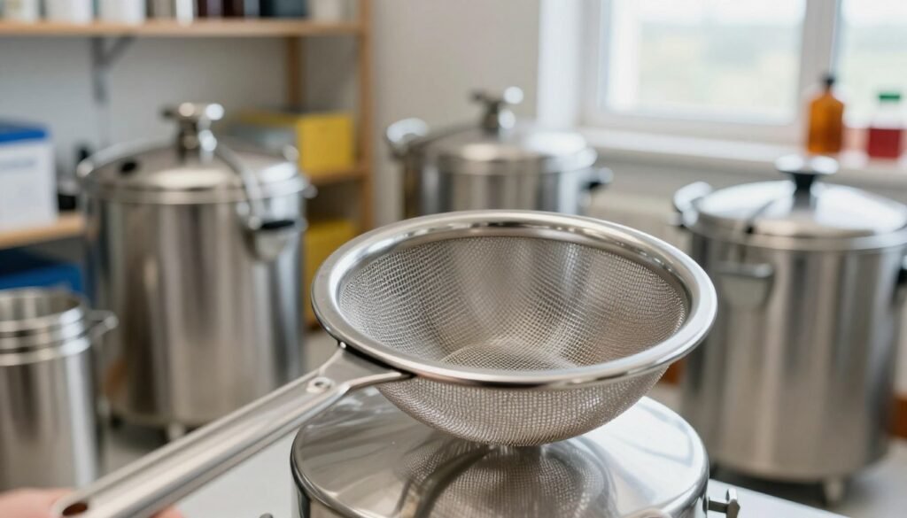 A close-up image of a stainless steel honey gate strainer prominently featured in the foreground, showcasing its smooth, reflective surface and intricate mesh filter detail. The middle ground includes other stainless steel honey equipment like extraction tanks and jars, all meticulously arranged to suggest an organized workspace. In the background, softly blurred shelves lined with beekeeping tools and equipment enhance the scene without detracting from the main subjects. The lighting is bright and natural, mimicking daylight entering through a nearby window, creating an inviting atmosphere. The angle is slightly elevated, allowing a comprehensive view of the strainer's features while emphasizing its importance in honey processing. The overall mood is clean, professional, and focused on maintenance and care of stainless steel equipment. A close-up image of a stainless steel honey gate strainer prominently featured in the foreground, showcasing its smooth, reflective surface and intricate mesh filter detail. The middle ground includes other stainless steel honey equipment like extraction tanks and jars, all meticulously arranged to suggest an organized workspace. In the background, softly blurred shelves lined with beekeeping tools and equipment enhance the scene without detracting from the main subjects. The lighting is bright and natural, mimicking daylight entering through a nearby window, creating an inviting atmosphere. The angle is slightly elevated, allowing a comprehensive view of the strainer's features while emphasizing its importance in honey processing. The overall mood is clean, professional, and focused on maintenance and care of stainless steel equipment.
