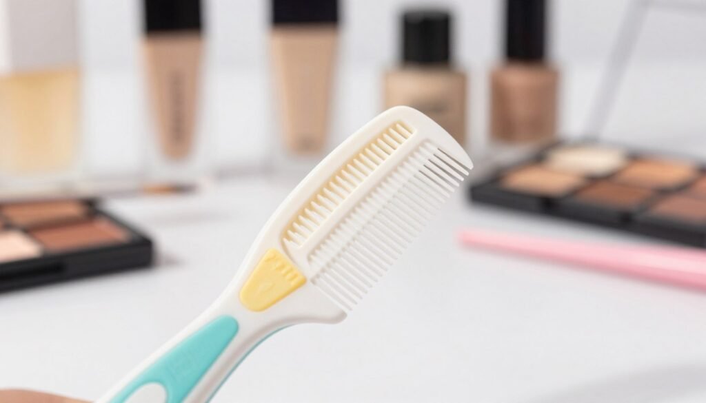A close-up image of a starter strips comb, crafted from durable plastic with a sleek, modern design, showcasing its unique features such as color-coded sections and multi-functional edges. In the foreground, the comb is positioned diagonally, angled to highlight the textures and details of its structure. The middle ground captures a softly blurred background featuring various cosmetic packaging items to create context, with gentle soft-focus bokeh. Natural lighting illuminates the scene, casting subtle shadows that enhance the comb's contours. The atmosphere is professional and sleek, connoting innovation in packaging solutions, and emphasizing the comb's role in the evolution of product presentation. The overall color palette is bright and inviting, with clean, minimalist styling.
