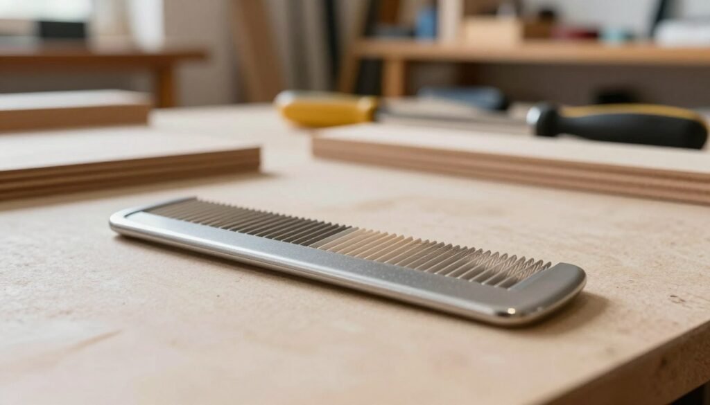 A close-up image of a starter strips comb set on a clean, well-lit work surface. In the foreground, highlight the comb's smooth, sleek design, with individual strips clearly visible, showcasing their different textures and thicknesses. In the middle, present a few partially assembled woodworking pieces, hinting at the crafting process and the decision-making involved. The background features a softly blurred workshop atmosphere, with tools and shelves stocked with supplies, creating an inviting and productive workspace. The lighting is warm and natural, enhancing the texture of the comb and the materials, while the overall mood conveys a sense of clarity, focus, and craftsmanship. The composition is framed using a slight angle to draw attention to the comb while keeping the surroundings relevant.