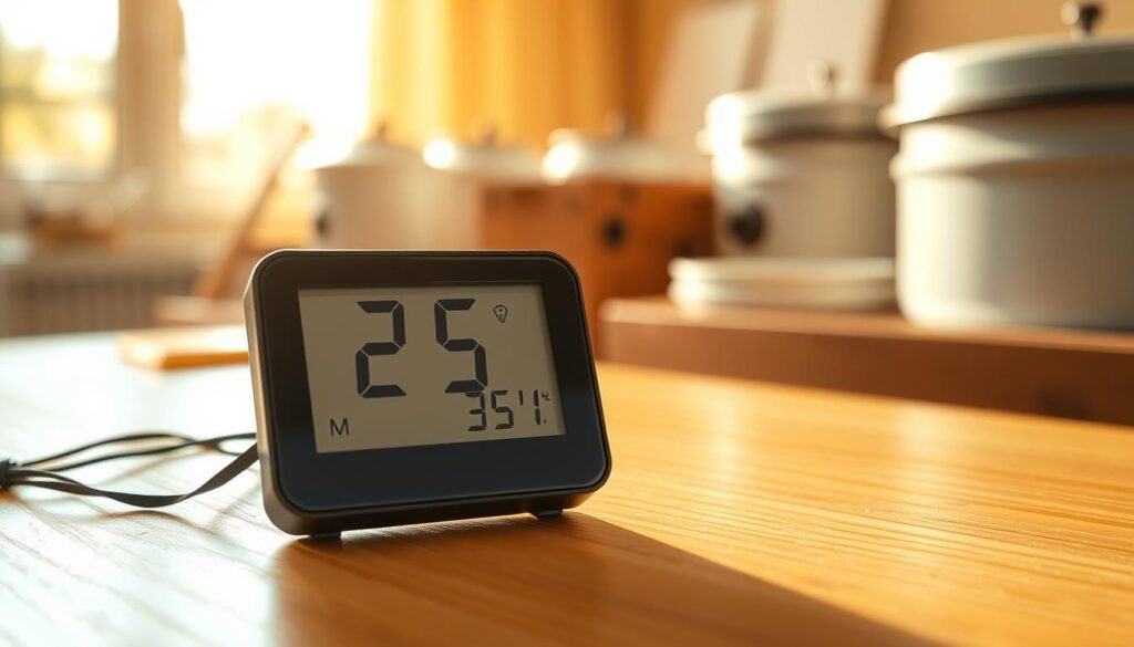 A close-up image of a two-pack mini digital hygrometer thermometer gauge, showcasing the glossy screens displaying temperature and humidity readouts. The thermometers are placed on a light wooden table that reflects warm, soft lighting, creating a cozy and inviting atmosphere. In the background, out-of-focus beekeeping equipment subtly hints at their use in honey rooms, enhancing the context. The scene is illuminated with natural light filtering through a nearby window, casting gentle shadows and highlighting the sleek design of the gauges. The overall mood is informative yet approachable, ideal for showcasing the precision and functionality of the thermometers in a relaxed setting.
