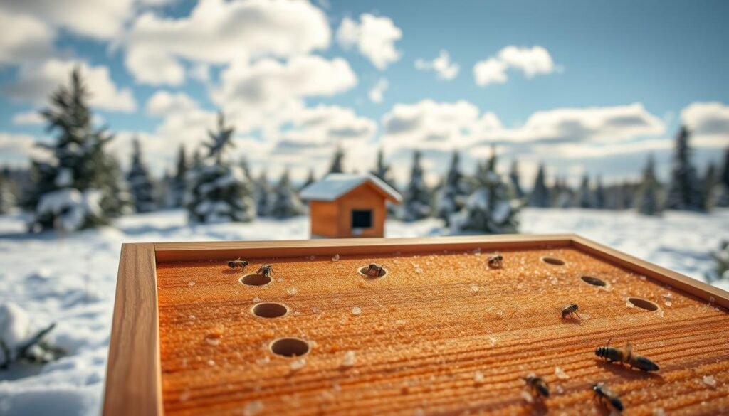 A close-up image of a well-constructed moisture board designed for winter beekeeping, prominently displayed in the foreground. The moisture board features a solid wooden frame with a textured surface, showcasing ventilation holes and absorbent materials strategically placed for optimal moisture control. In the middle ground, a cozy beehive sits nestled in a snowy landscape, surrounded by evergreen trees, emphasizing the winter setting. Soft, diffused natural lighting casts gentle shadows, creating an inviting and tranquil atmosphere. The background features a clear blue sky with scattered clouds, hinting at a cold but sunny day. The overall mood suggests protection and care for bees during winter, capturing the essence of warmth amidst the chilly surroundings. A close-up image of a well-constructed moisture board designed for winter beekeeping, prominently displayed in the foreground. The moisture board features a solid wooden frame with a textured surface, showcasing ventilation holes and absorbent materials strategically placed for optimal moisture control. In the middle ground, a cozy beehive sits nestled in a snowy landscape, surrounded by evergreen trees, emphasizing the winter setting. Soft, diffused natural lighting casts gentle shadows, creating an inviting and tranquil atmosphere. The background features a clear blue sky with scattered clouds, hinting at a cold but sunny day. The overall mood suggests protection and care for bees during winter, capturing the essence of warmth amidst the chilly surroundings.