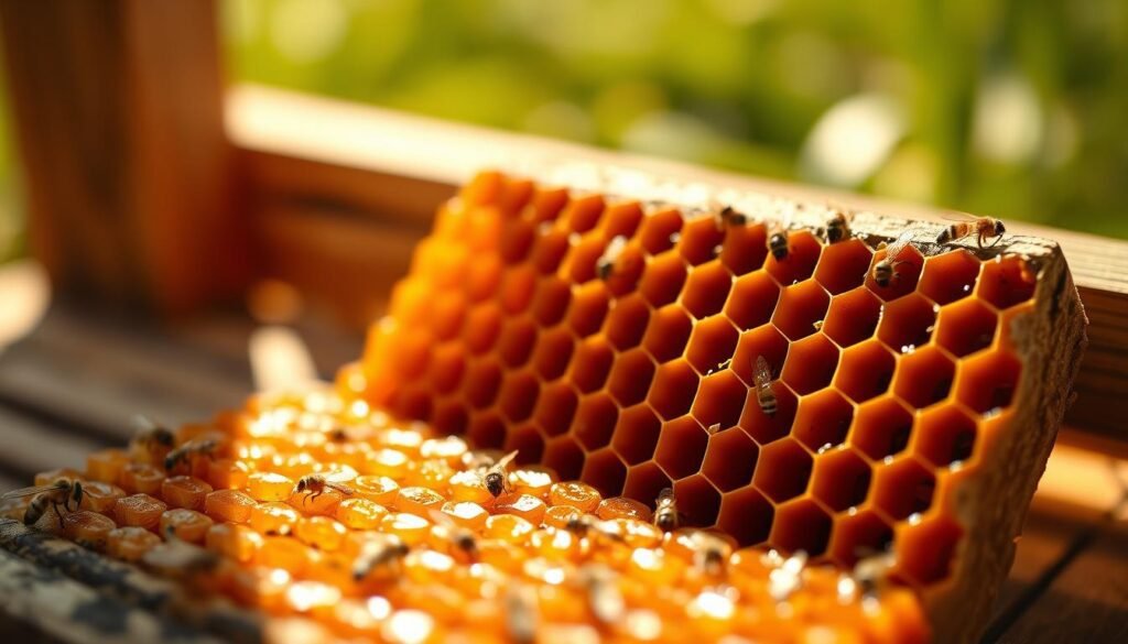 A close-up image of a wooden bee comb, intricately detailed, showcasing hexagonal wax cells filled with honey. The foreground features a well-designed comb, glistening under soft, warm, natural light that enhances the rich amber tones of the honey. In the middle ground, there are blurred hints of soft brown wood from the sides of an apiary trap box, evoking a peaceful rural setting. The background is softly out of focus, with gentle greenery suggesting a garden or meadow. The scene conveys a warm, inviting atmosphere, perfect for attracting bees, capturing the essence of nature and harmonious beekeeping. No text or watermarks present.