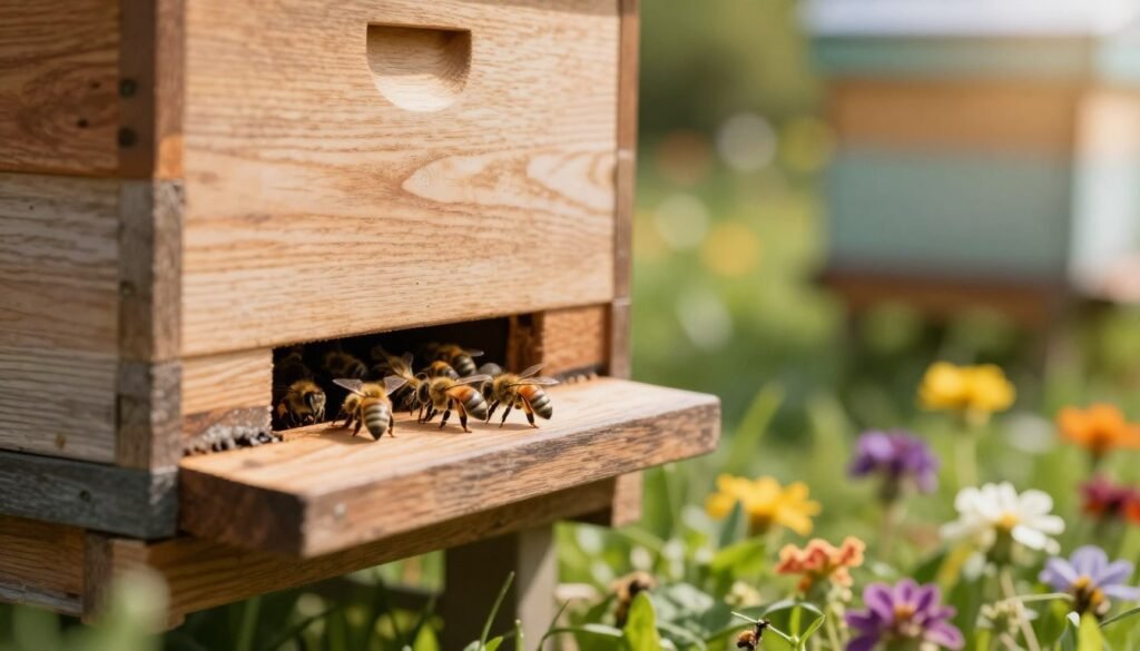 A close-up image of a wooden hive entrance reducer, showcasing its detailed craftsmanship with smooth edges and natural wood grain. The reducer is positioned prominently in the foreground, revealing the entrance slot where bees emerge and enter. In the middle ground, a lush garden is visible, brimming with colorful flowers that attract bees, enhancing the idea of a thriving ecosystem. The background features a blurred view of a beehive, subtly hinting at the hive's importance to the bee community. Soft, warm sunlight filters through the leaves, casting a gentle glow over the scene, creating an inviting and peaceful atmosphere. The focus is sharp on the entrance reducer while the surrounding elements are artistically blurred, emphasizing its significance in bee management. No text or unwanted elements are included. A close-up image of a wooden hive entrance reducer, showcasing its detailed craftsmanship with smooth edges and natural wood grain. The reducer is positioned prominently in the foreground, revealing the entrance slot where bees emerge and enter. In the middle ground, a lush garden is visible, brimming with colorful flowers that attract bees, enhancing the idea of a thriving ecosystem. The background features a blurred view of a beehive, subtly hinting at the hive's importance to the bee community. Soft, warm sunlight filters through the leaves, casting a gentle glow over the scene, creating an inviting and peaceful atmosphere. The focus is sharp on the entrance reducer while the surrounding elements are artistically blurred, emphasizing its significance in bee management. No text or unwanted elements are included.