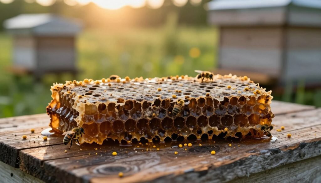 A close-up image of an old bee comb placed on a rustic wooden surface, showcasing its aged appearance. The comb should display dark, weathered wax, with patches of honey and remnants of capped cells. Surrounding the comb, hints of pollen grains and a few drifting bees to add life. In the background, a soft-focus view of a beehive and lush greenery, subtly backlit by warm, golden sunlight creating a serene atmosphere. Use a shallow depth of field to emphasize the textured details of the comb, capturing the essence of age and wear. The lighting should be warm and inviting, enhancing the organic feel of the scene, evoking a sense of tradition and care in beekeeping.