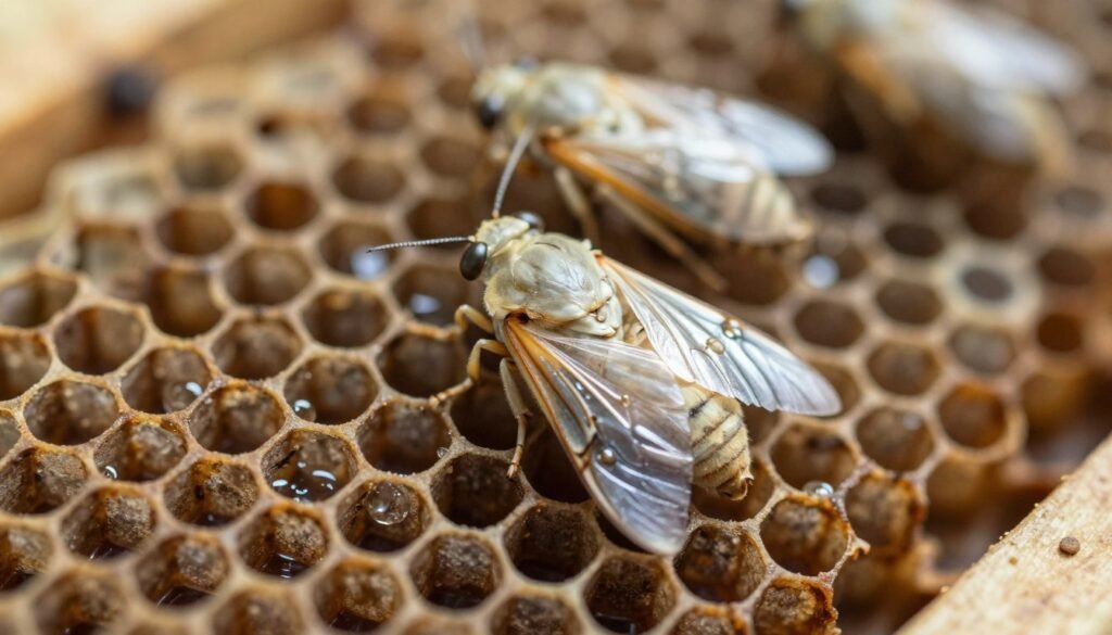 A close-up image of bald brood wax moths, intricately detailed to showcase their unique morphology, with shiny, translucent wings and a pale, almost ghostly appearance. In the foreground, focus on a cluster of these moths resting on hexagonal honeycomb cells, displaying their defining features. In the middle ground, depict the uncapped cells with subtle moisture droplets that reflect the light, emphasizing the contrast between healthy and unhealthy brood. The background should feature a soft, blurred hive interior, bathed in a warm, natural light that illuminates the scene, creating an atmosphere of curiosity and analysis. Use a macro lens perspective to capture intricate details and textures, ensuring the image is crisp and vivid, evoking a sense of scientific exploration. A close-up image of bald brood wax moths, intricately detailed to showcase their unique morphology, with shiny, translucent wings and a pale, almost ghostly appearance. In the foreground, focus on a cluster of these moths resting on hexagonal honeycomb cells, displaying their defining features. In the middle ground, depict the uncapped cells with subtle moisture droplets that reflect the light, emphasizing the contrast between healthy and unhealthy brood. The background should feature a soft, blurred hive interior, bathed in a warm, natural light that illuminates the scene, creating an atmosphere of curiosity and analysis. Use a macro lens perspective to capture intricate details and textures, ensuring the image is crisp and vivid, evoking a sense of scientific exploration.