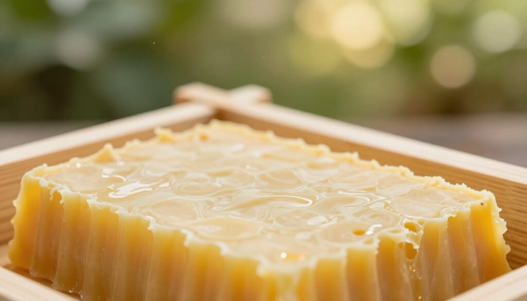A close-up image of clean, golden beeswax in its natural state, showcasing its smooth texture and intricate surface details. The foreground features a section of freshly cut beeswax slabs, glistening under soft, natural lighting that emphasizes their rich color and sheen. In the middle ground, a simple wooden honey frame without foundation is partially visible, highlighting the innovative design that supports natural honeycomb formation. The background is softly blurred, evoking a garden scene with gentle sunny bokeh, enhancing the warm, inviting atmosphere. The image conveys a sense of sustainability and purity, reflecting the benefits of using foundationless frames for honey supers. Use a macro lens perspective to capture the details and enhance the visual appeal of the beeswax.